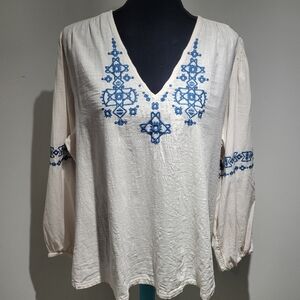 Womens Long Sleeve Embroidered  V Neck Peasant Blouse Size Large Blue Cream Boho